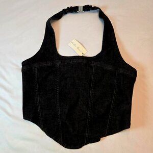 HUNTER & BROWN Cotton Blend Halter Top With Metal Clasp Sz: M Black